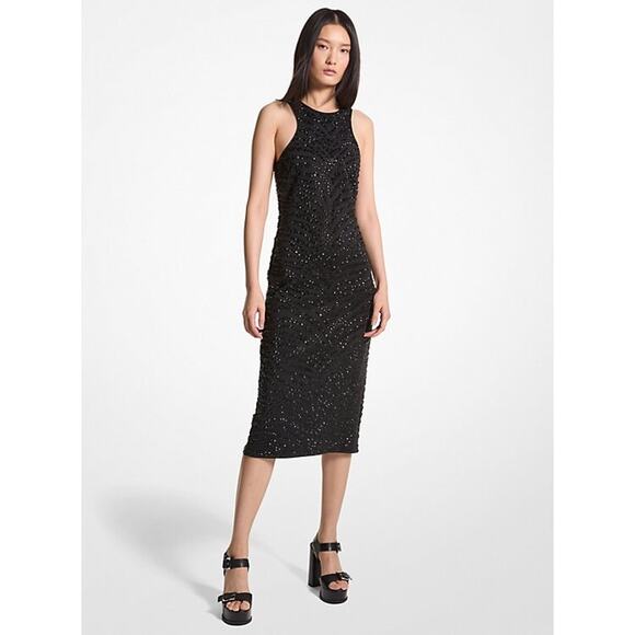 NWT MICHAEL KORS EMBELLISHED ZEBRA SCUBA MIDI DRESS. MSRP $1300 SZ XXS WEDDING - Picture 1 of 12